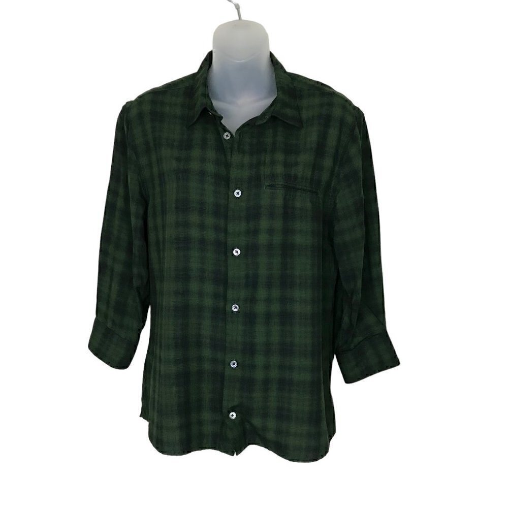 John Varvatos Black & Green Plaid Button Down Shirt 3/4 Sleeve Size S - Picture 1 of 6